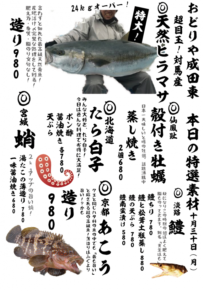 10 30 すごいおすすめ 24 4ｋｇ天然ヒラマサはまさにトロ 魚酒炭菜 おどりや 成田東店